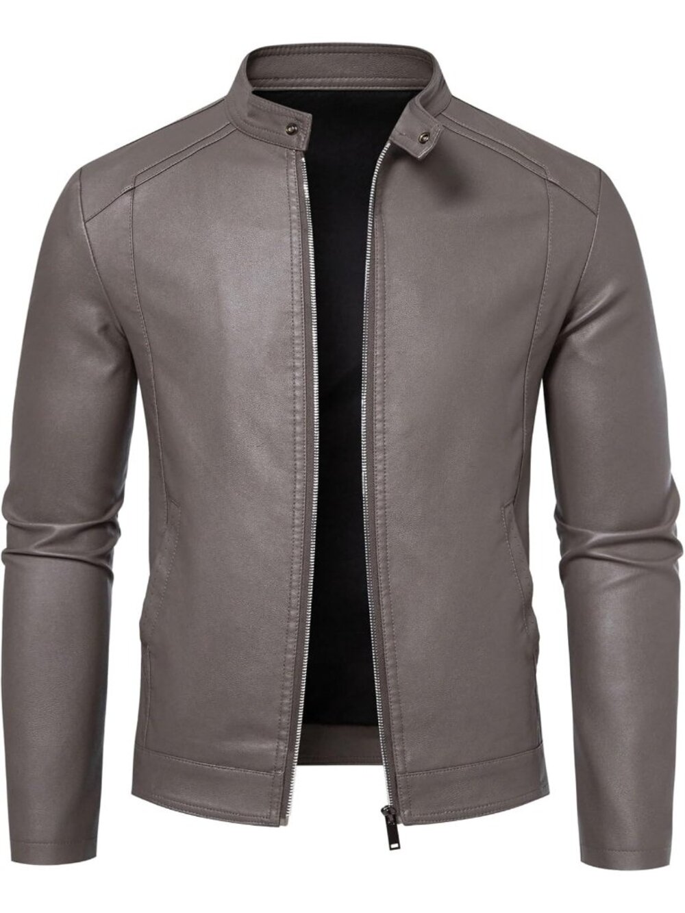 Men’s Grey Faux Leather Motorcycle Moto Biker Jacket Stand Collar Coat
